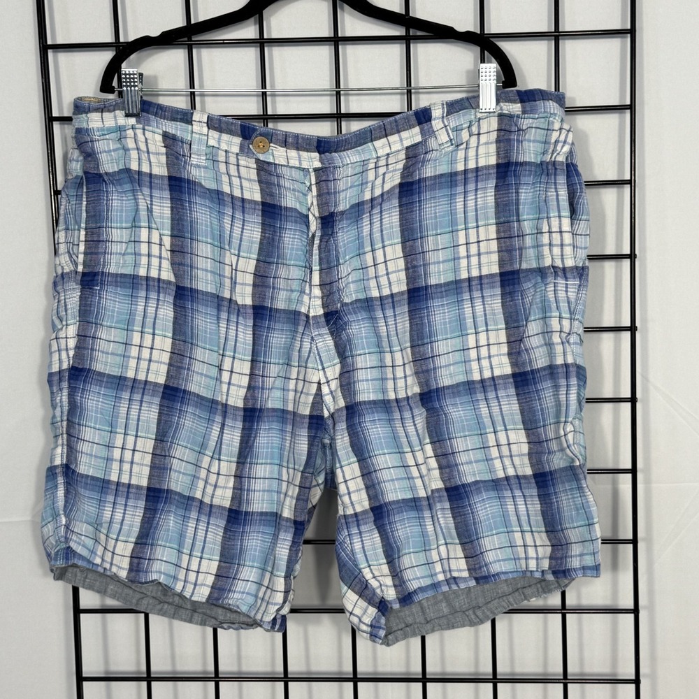 Tommy Bahama Shorts Mens 40 Blue Plaid Linen Reversible Casual Summer Island Duo